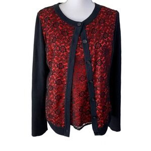 St. John Evening Red and Black Lace Cardigan Set, Sz 10, EUC